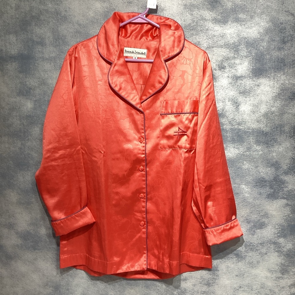 Fernando Sanchez Vintage 90s Pajama Top Bright Coral Satin Small 43" Bust